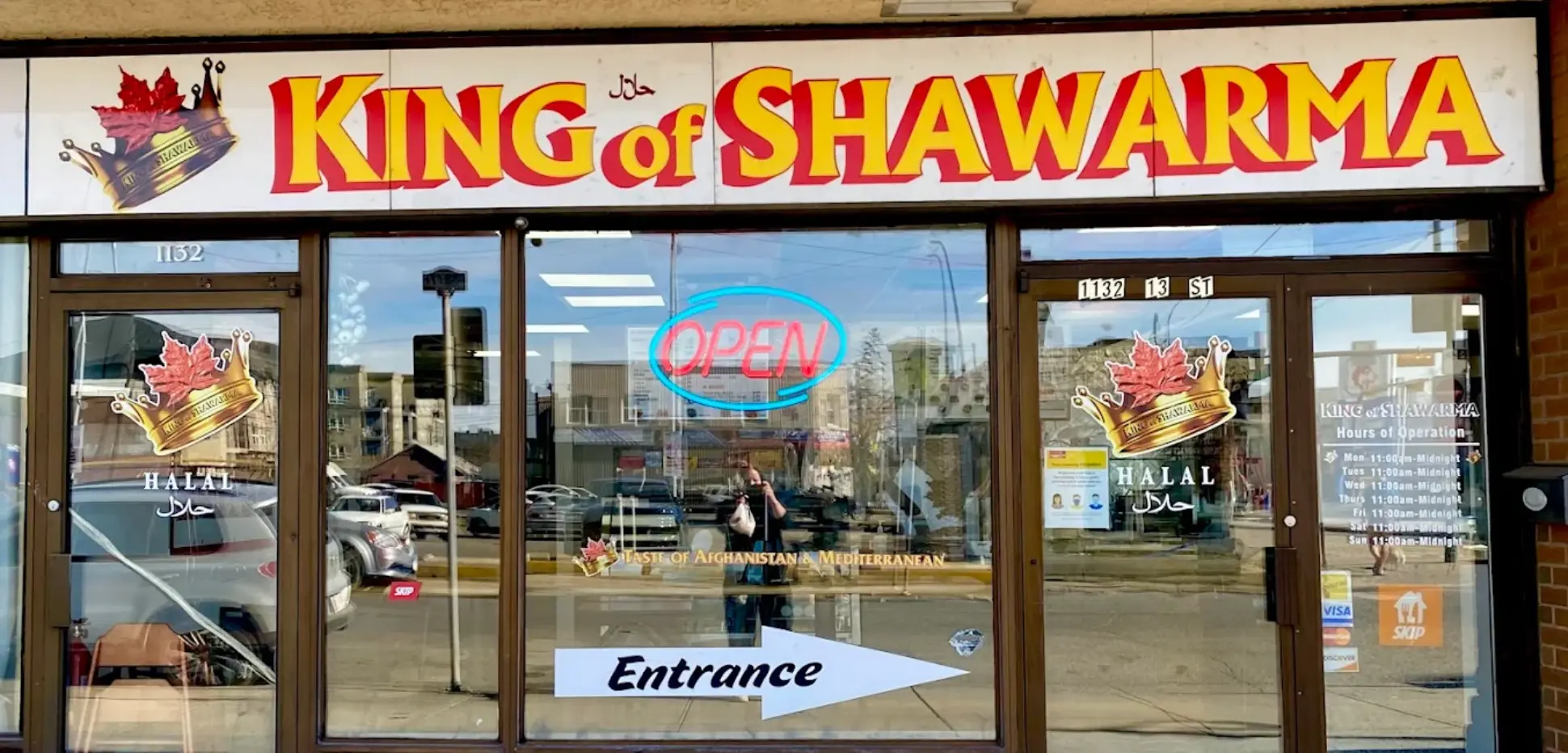 King of Shawarma storefront and halal sign at 1132 13th Street SW in Calgary