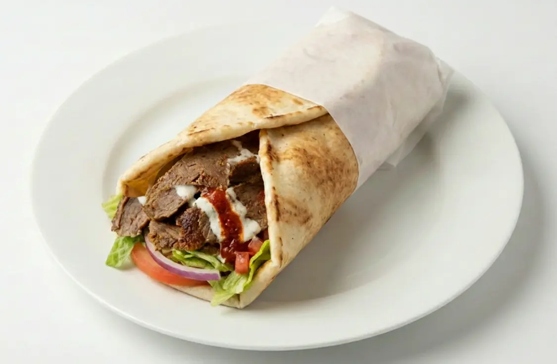 Beef donair wrap in warm pita with garlic and donair sauce at King of Shawarma Calgary