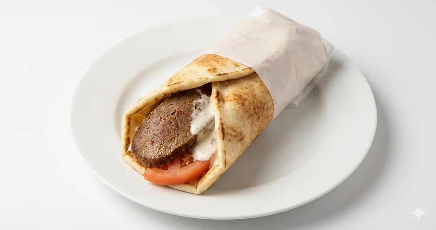 Lamb shawarma wrap in warm pita with garlic sauce and tomato at King of Shawarma Calgary