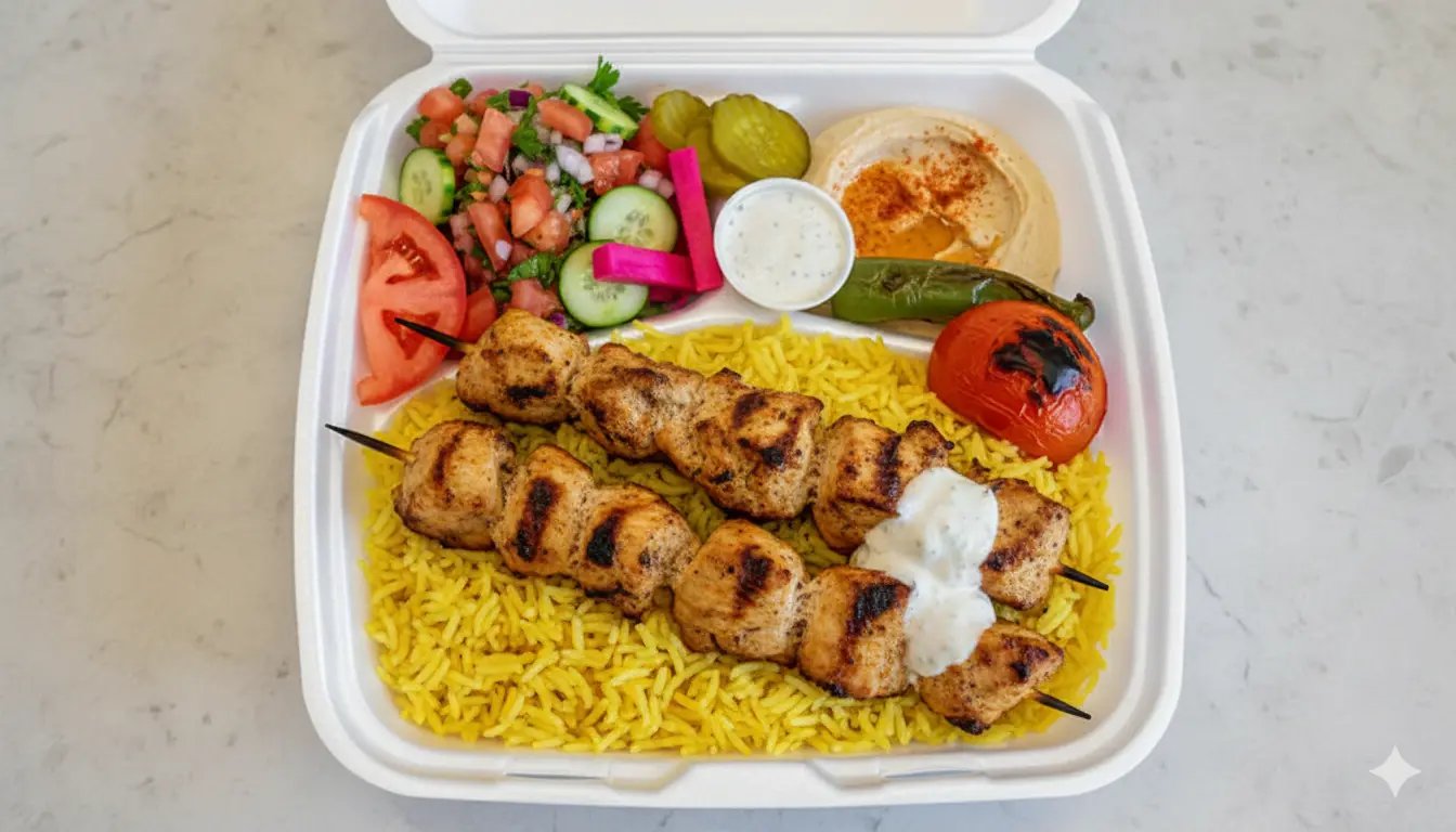 Shish tawaouk platter with grilled chicken skewers, seasoned rice, salad and hummus at King of Shawarma Calgary